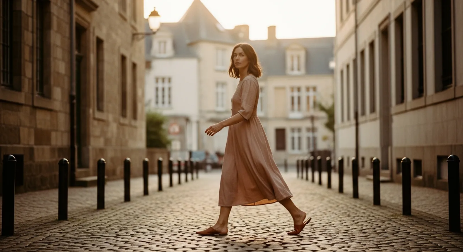 Woman in a warm neutral A-line midi dress and flat leather mules walking a European cobbled street