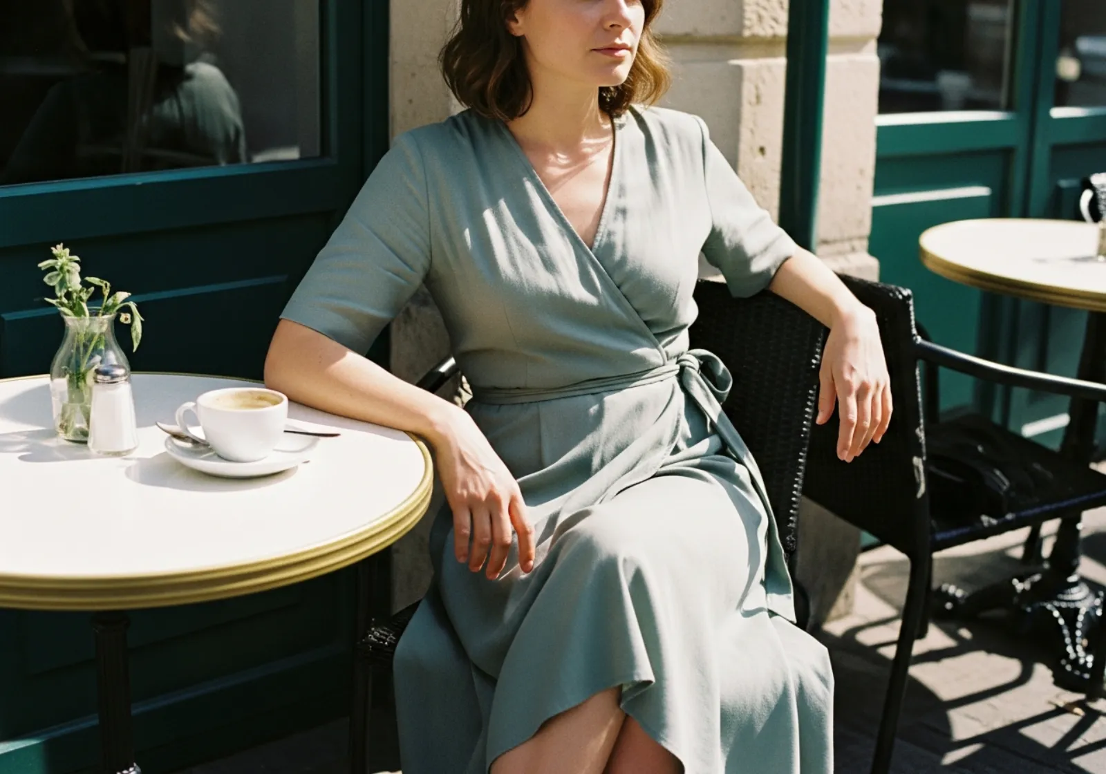 Woman in a soft sage-green wrap A-line midi dress seated at a sunlit cafe, relaxed and effortless
