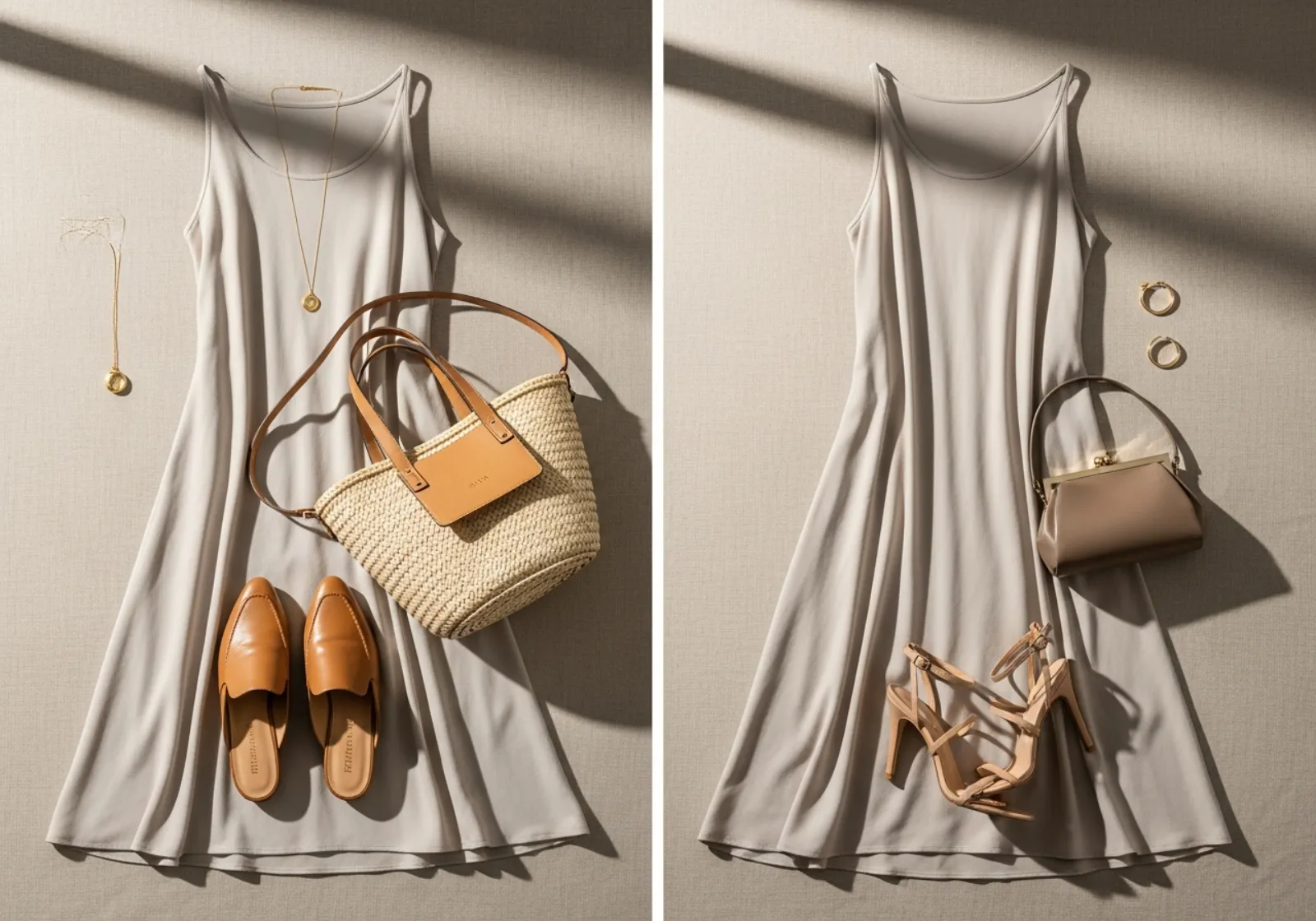 Flat-lay of a neutral A-line midi dress styled two ways: daytime with flat mules and a tote, evening with a heeled sandal and small clutch