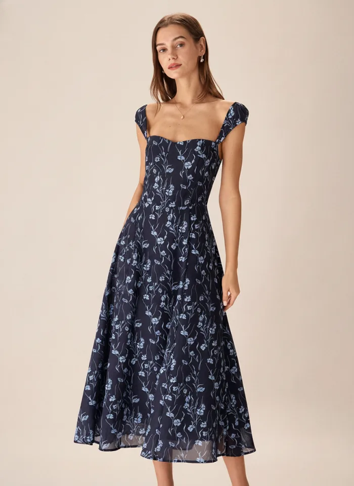 Navy Floral A-Line Midi Dress
